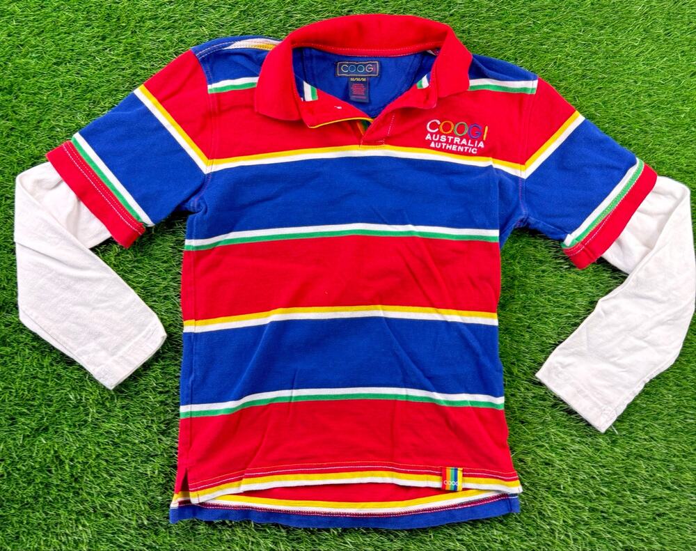 Vtg 90s COOGI Striped Polo Shirt Rainbow Embroidery Primary Colors Youth M Rare